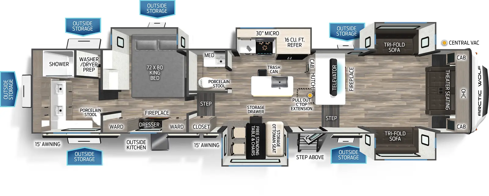 The 3950SUITE has five slideouts and one entry. Exterior features two 15 foot awnings, outside storage, step above entry steps, and outside kitchen. Interior layout front to back: front theater seating with overhead cabinet, opposing slideouts with tri-fold sofas, and counter with televator and fireplace along inner wall; door side steps down to kitchen area and entry; kitchen counter with pull-out countertop extension, central vacuum, cabinets and hutch along inner wall; off-door side slideout with refrigerator, kitchen counter with cooktop, and overhead cabinet with microwave; kitchen island with sink, and trash can; door side slideout with free-standing table with storage drawer, chairs, and storage ottoman seat; off-door side half bathroom with porcelain stool and medicine cabinet; door side closet and steps up to rear bedroom area; off-door side king bed slideout, and door side dresser with fireplace below and wardrobes on each side; rear full bathroom with dual sinks, porcelain stool, and closet with washer/dryer prep.